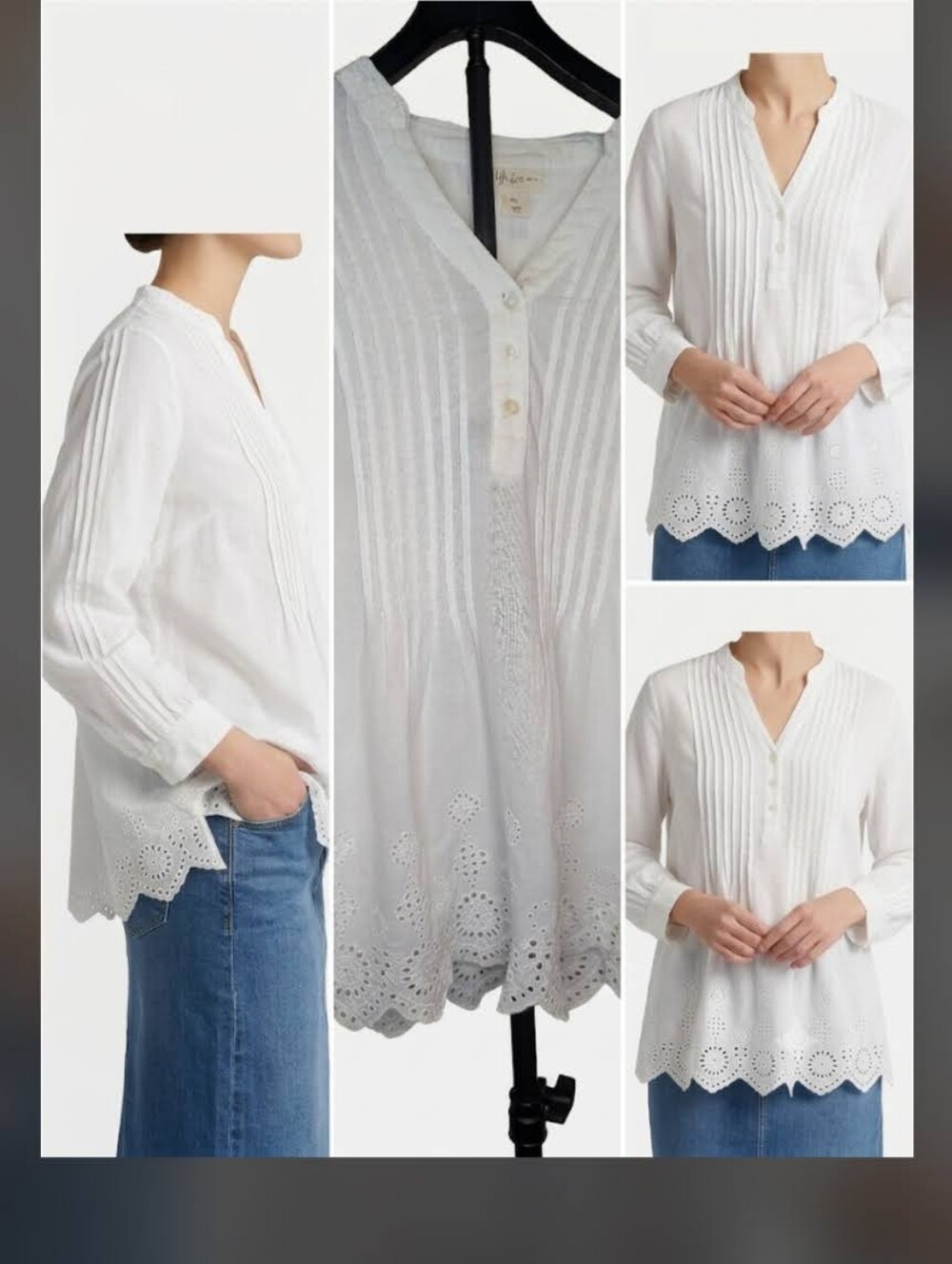 Style & Co Petite White Pintuck Eyelet Hem Boho Blouse Size PL